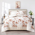 7 Pieces Bed in a Bag Queen Comforter Set with Sheets, Burnt Orange Leaves on Wh