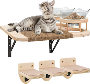 Cat Wall Mounted Shelves Perch Furniture Set with 3 Steps, 2 Food Feeder Shelf