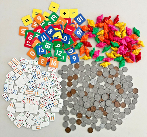 Math Manipulatives Lot Dinosaurs, Mini Dominos, Tiles, Coins Multicolor