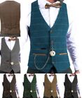Business Mens Tweed Plaid Waistcoats Herringbone Vests Windowpane Wedding Wool+