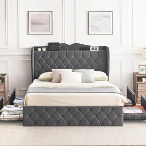 Wingback Full Queen Size Bed Frame with Upholstered Headboard 4 Storage Drawers