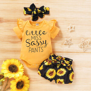 Newborn Baby Girl Sunflower Clothes Romper Tops Short Pants Headband Outfits Set