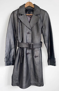 CENTIRADE Metallic Silver Leather Collared Belt Buckle Lined Trench Coat Size S