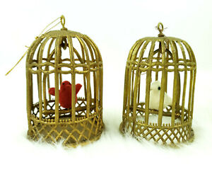 2 Vintage Gold Plastic Bird Cage w Red White Flocked Bird Christmas Ornaments
