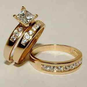REAL MOISSANITE Princess Cut 2 Ct His Her Trio Ring Set 14K Yellow Gold Plated