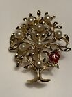 Lady Bug On Gold Tone Pin Brooch Tree Of Life Faux Pearls Fashion