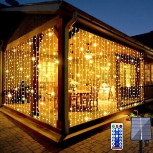 Outdoor Solar Curtain LED Fairy String Lights Hanging Gazebo Patio Window Garden
