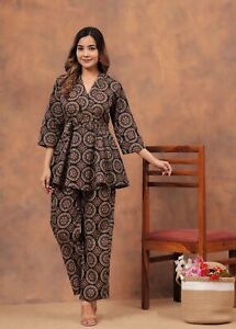 Beautiful Printed Co-Ord Set for Women, Indian Casual Brown Top & Pant Set