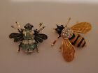 2 pc Bee Brooch Lot Vintage Now Rhinestone Classy Gorgeous Lady Jewelry E205