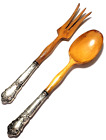New ListingVintage Wooden Salad Serving Set Sterling Handles Ornate Pattern Spoon & Fork