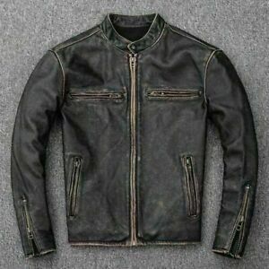 Men’s Motorcycle Biker Vintage Distressed Black Faded Real Leather Jacket