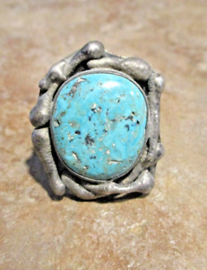 MEN's OLD PAWN Navajo Sterling Silver Turquoise FREECAST DESIGN Ring  Size 10.75