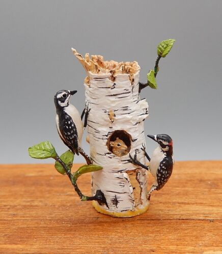 Mary McGrath Woodpeckers Birch Stump Figurine Artisan Dollhouse Miniature 1:12