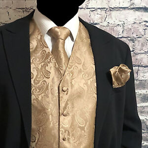 Classic Men Paisley Design Dress Vest and Neck Tie Hankie Set For Suit or Tuxedo
