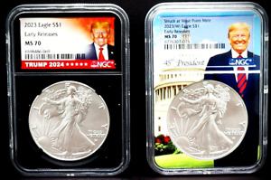 2 Coins 2023 Donald Trump 45th President & Trump 2024 1 oz Silver Eagle NGC MS70