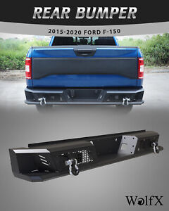 For 2015-2020 Ford F-150 Black Steel Rear Bumper w/ LED Lights+D-Rings+Rear Step