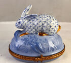 New ListingVintage Limoges Porcelain Rabbit Trinket Box Blue Herend Fishnet Style Bunny EXC