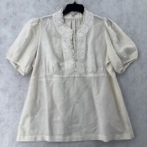 Banana Republic Linen Blouse Womens XL Babydoll Embroidered Ivory Beige Top