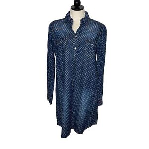 Ryan Michael Womens Shirt Dress Blue Size Large Western Denim Cotton Star Print