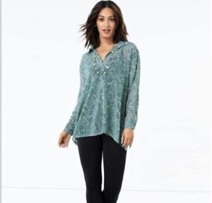 Cabi 3761 Chase Field of Flowers Sheer Blouse Teal Womens Size XXS NWT