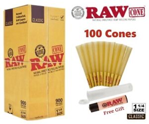 Authentic RAW Classic 1 1/4 Size Pre-Rolled Cone 100 Pack & Free Clipper Lighter