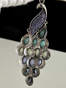 Vintage Dangling Multi Color Rhinestone Peacock Pendant Necklace & Earrings Set