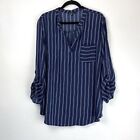 Emperice Plus Size 2X Navy V-Neck Striped Blouse Roll Tab Sleeve