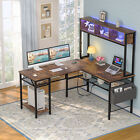 L Shaped Gaming Desk with LED Lights & Power Outlets Home Office Desk w/ Shelves