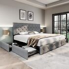 Sifurni Upholstered Bed Frame with 4 Storage Drawers and Headboard, Light Grey