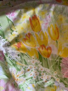 Vintage Pacific Mircale Flat Sheet Queen Cotton Blend Spring Flowers Ruffle USA
