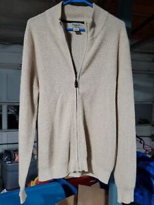 LL Bean 100% Cashmere Full Zip Beige Waffle Knit Cardigan Sweater Men's LG EUC