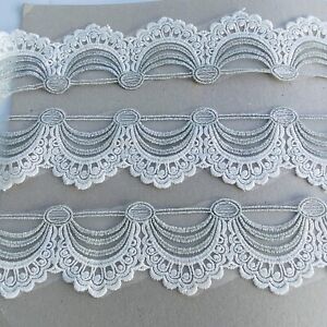 2 Yards Silver & White Embroidered Border Trim for Sewing/Crafts/Bridal/2