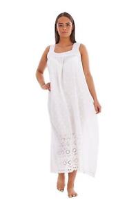 Women Nightdress 100%Cotton Victorian Designer White Sleeveless Lace Embroidered