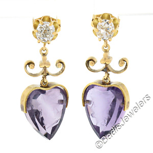 Antique Victorian 14K Gold Old MIne Diamond Carved Amethyst Heart Drop Earrings