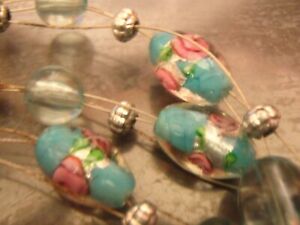 Art Glass Pink Roses Blue Foil Bead Multi Wire Choker Necklace