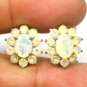 Unheated Multicolor Opal Earrings 925 Sterling Silver White Gold Plated