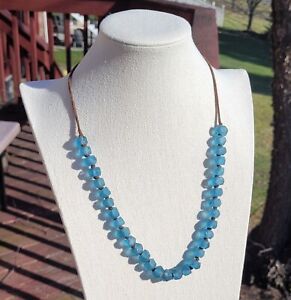 Aqua Sea Glass Style Light Blue Beaded Leather Necklace Around 24