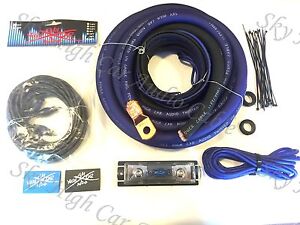 Oversized 1/0 Ga OFC AWG Amp Kit Twisted RCA BLUE Black Complete Sky High Car