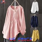 Womens Cotton Linen Shirt Blouse Casual Loose Long Sleeve Pullover Top Plus Size
