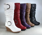 NEW Women's Buckle Zipper Wedge Mid-Calf  Knee High Zip Winter Boots Shoes