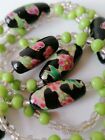 Ceramic Bead Necklace Long Vintage Handpainted Green Black Pink Floral Design