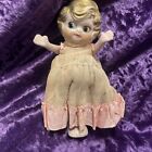 Antique Early 1900's Bisque Cake Topper Old Original Doll Pink Satin & Lace