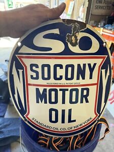 Vintage 20’s - 30s Standard Oil Co NY Socony Gasoline Porcelain Curved Sign