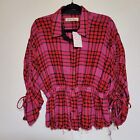 Free People Pacific Dawn Shirt Womens Small Pink Red Plaid Button Down Wool NWT