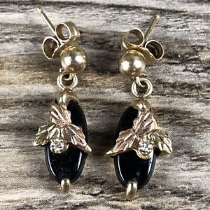 14k Yellow Gold Onyx Diamond Black Hills Gold Pierced Dangle Earrings