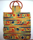 Vintage Handmade BOHO Market Bag Purse Colorful Yarn Burlap Lined Fabric Handles