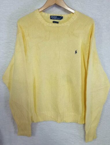 Polo Ralph Lauren Sweater Mens L Large Yellow Knit Pullover Crewneck Blue Pony