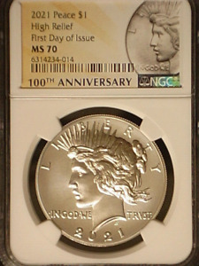 New Listing2021 P  Silver Peace Dollar Graded MS 70 FDOI,High Relief, NGC,100th Anniversary