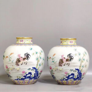 New ListingA Pair Fine Chinese Hand Painting Famille Rose Porcelain Flowers Cock Pot