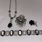 Black Silver Tone Cameo Bracelet Rose Pin Pendent Sparkly Necklace Lot 4pc Goth